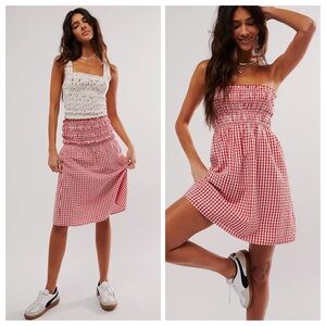 FREE PEOPLE ONE Sunni Convertible Skirt Strapless Smocked Cotton Dress Gingham M